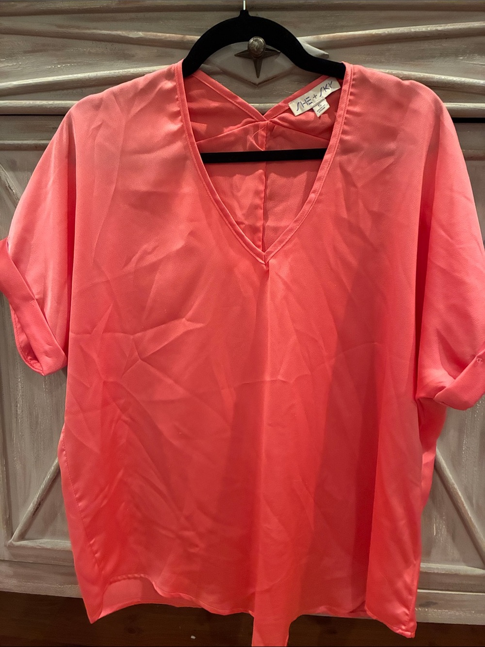 She + Sky Coral V-Neck Short Sleeve Blouse